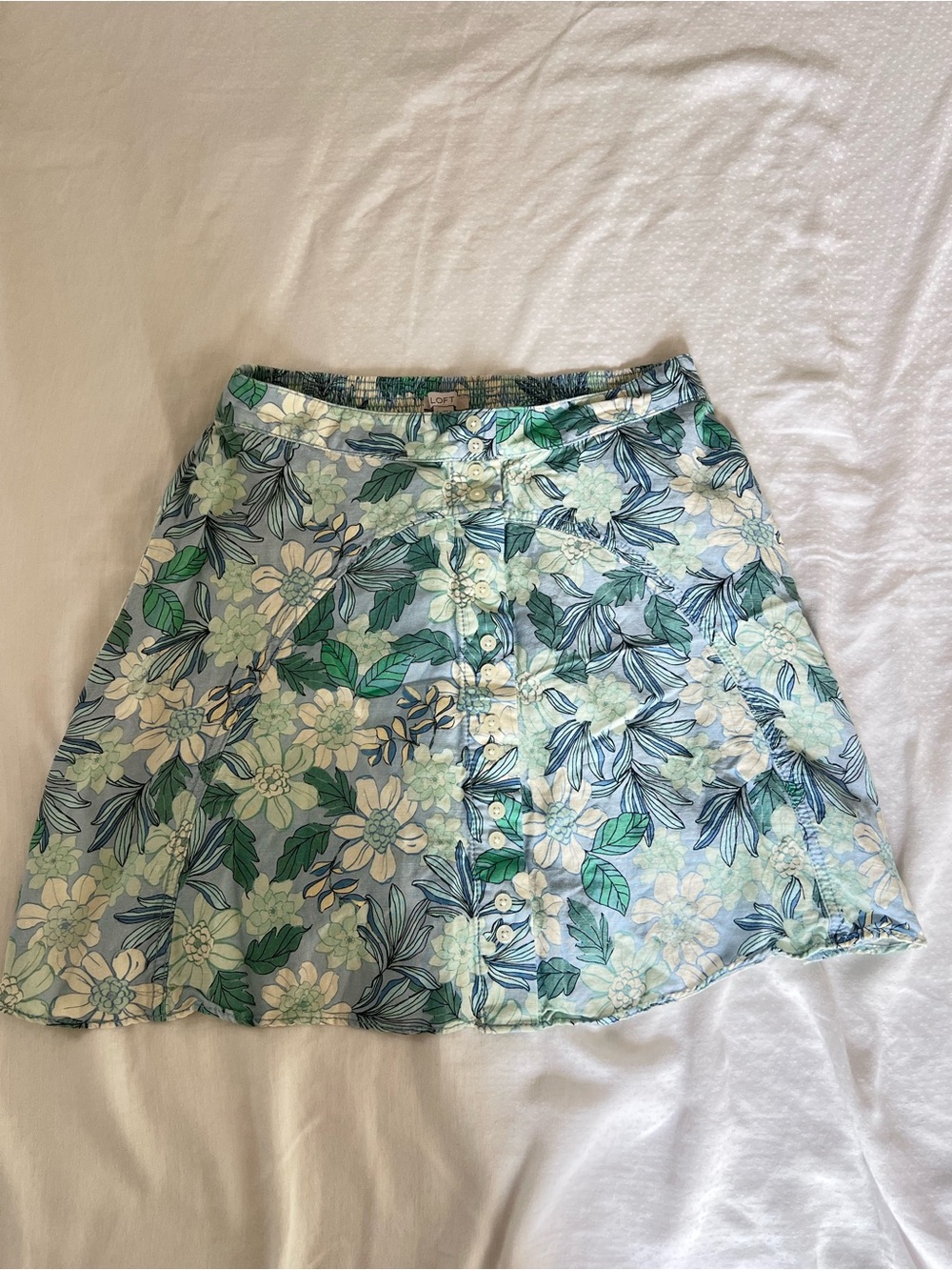 LOFT Floral Button-Front Circle Skirt in Blue and Green
